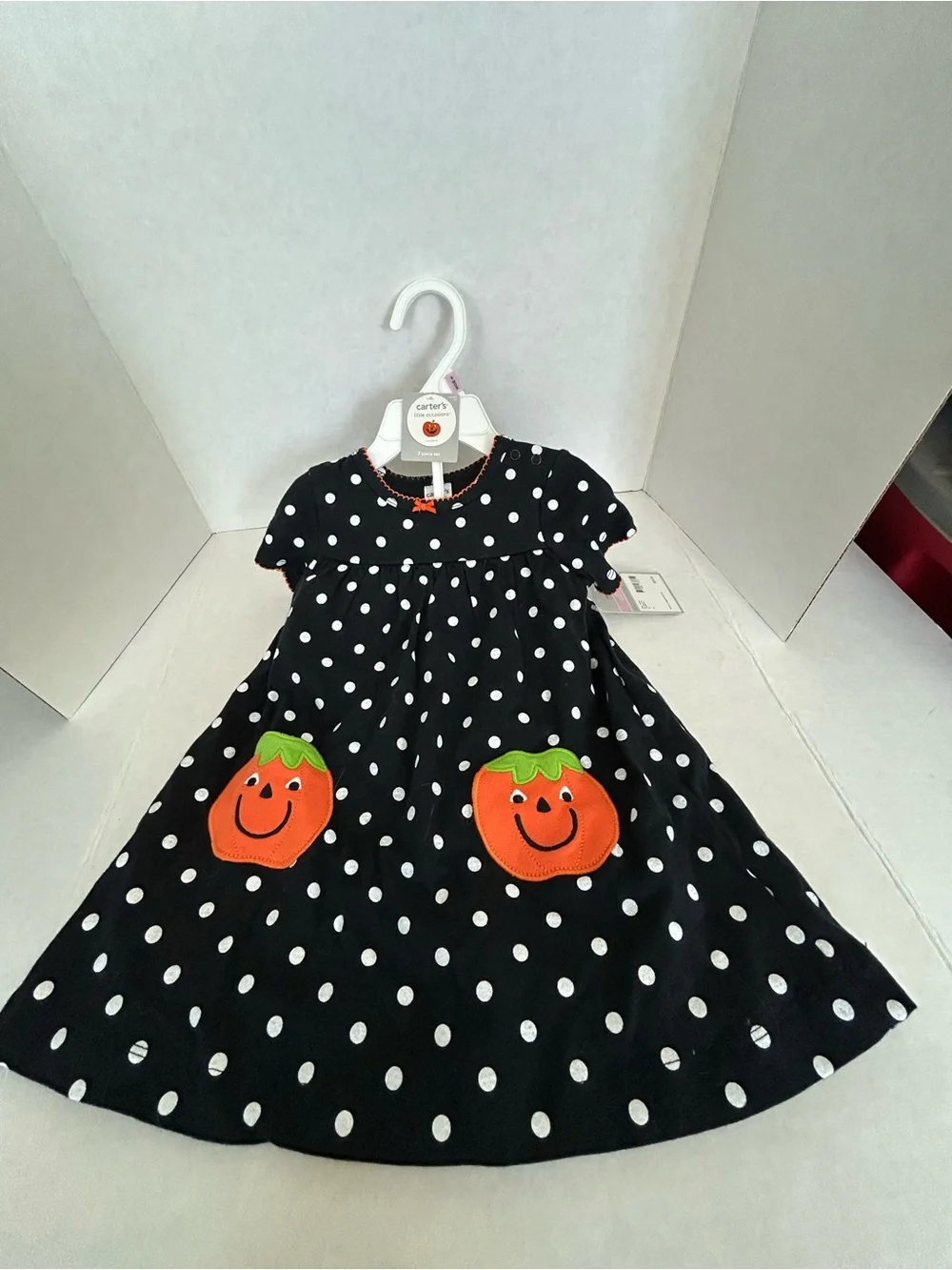 Carter's Black Polka Dot Halloween Pumpkin Dress with Orange Appliqués Sz 9M NW